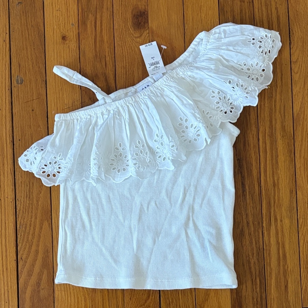 GAP Kids White Eyelet Ruffle one shoulder Tank Top.  Strap is adjustable.